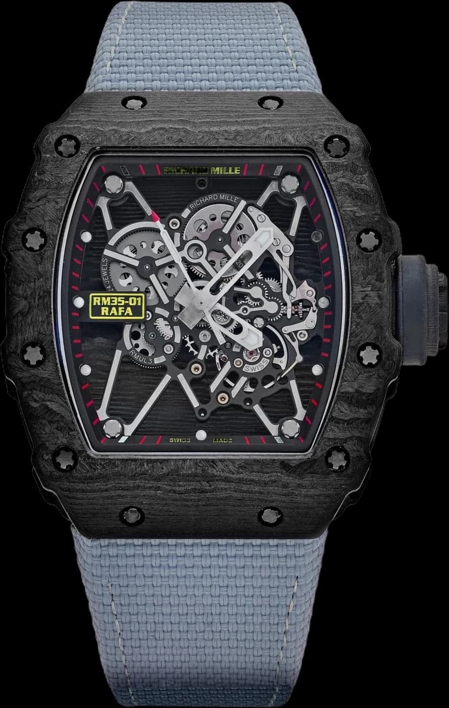Richard Mille RM 35-01 Rafael Nadal in black Carbon TPT on a grey textile strap, dial straight on
